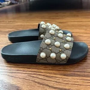 Gucci | Shoes | Gucci Womens Pursuit Pearl Stud Pool Slide Sandals